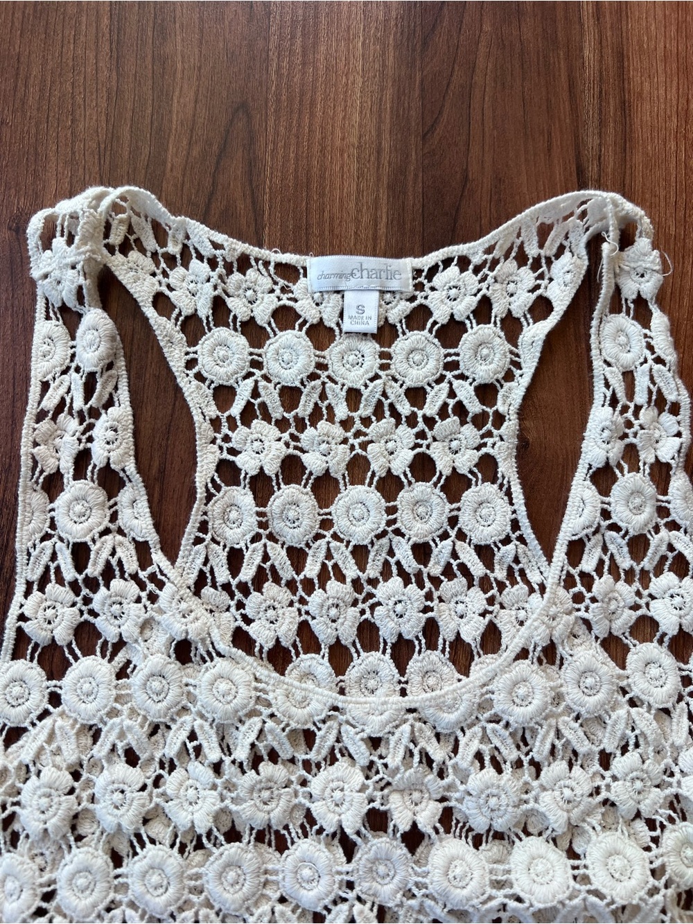 Dreams Charlie Ivory Floral Crochet Lace Fringe Tank Top Small - Picture 8 of 10